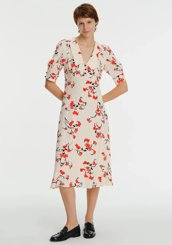 Exquise Oriental Floral Collared Midi Dress, Multi Trendy Flared Sleeve Midi Dress