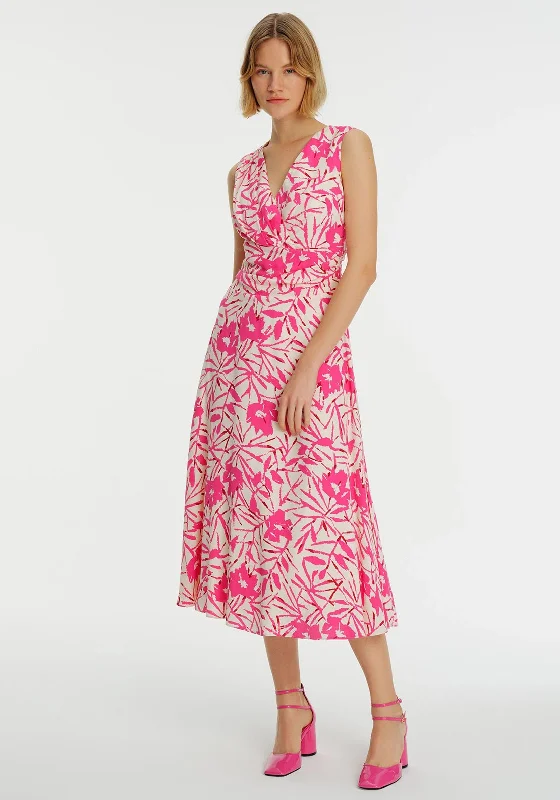 Exquise Floral Ruched Waist Midi Dress, Pink Cozy Midi Dress with Pockets