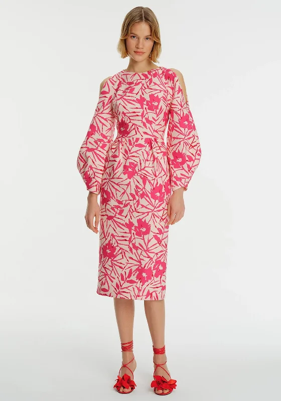 Exquise Cut Out Puff Sleeve Midi Dress, Pink Elegant Floral Appliqué Midi Dress