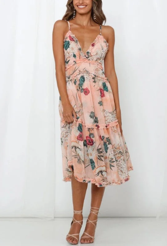 Floral Printed Ruffle Midi Dress Stylish Satin Midi Dress