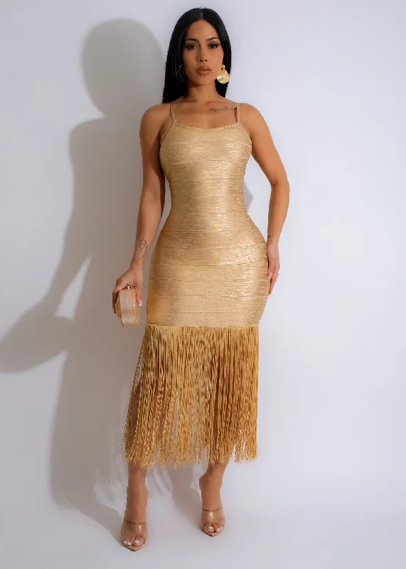 Elegance Metallic Bandage Fringe Midi Dress Gold Elegant Pleated Sleeve Midi Dress