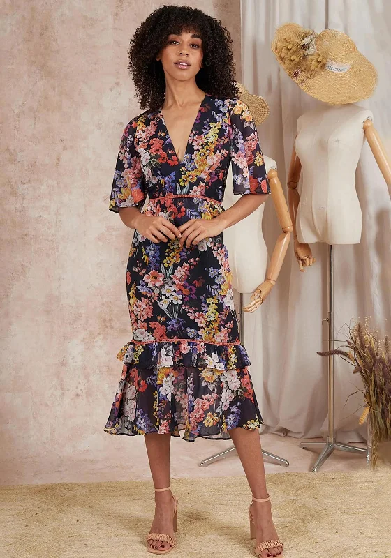 Hope & Ivy Frima Floral Tiered Midi Dress, Multi Elegant Faux Wrap Midi Dress