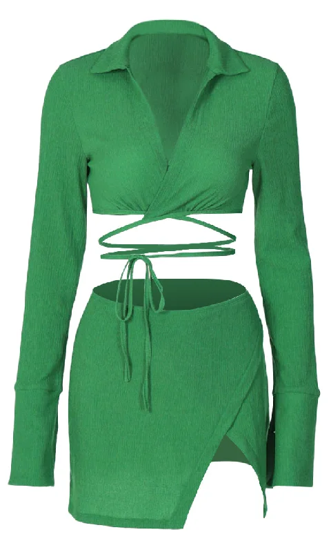 Hot Spot <br><span>Green Long Sleeve Cross Wrap V Neck Crop Top Split Wrap Bodycon Two Piece Casual Mini Dress</span> Stylish Spaghetti Strap Mini Dress