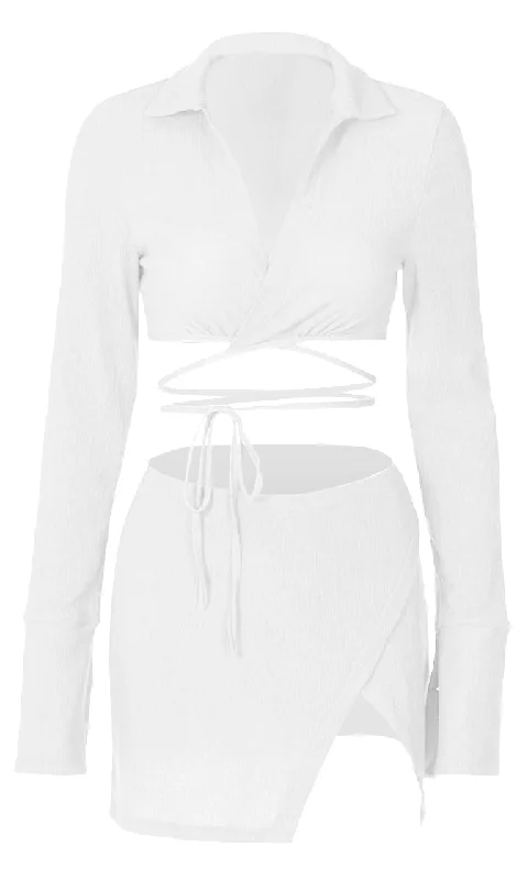 Hot Spot <br><span>White Long Sleeve Cross Wrap V Neck Crop Top Split Wrap Bodycon Two Piece Casual Mini Dress</span> Elegant Off-Shoulder Dress Mini