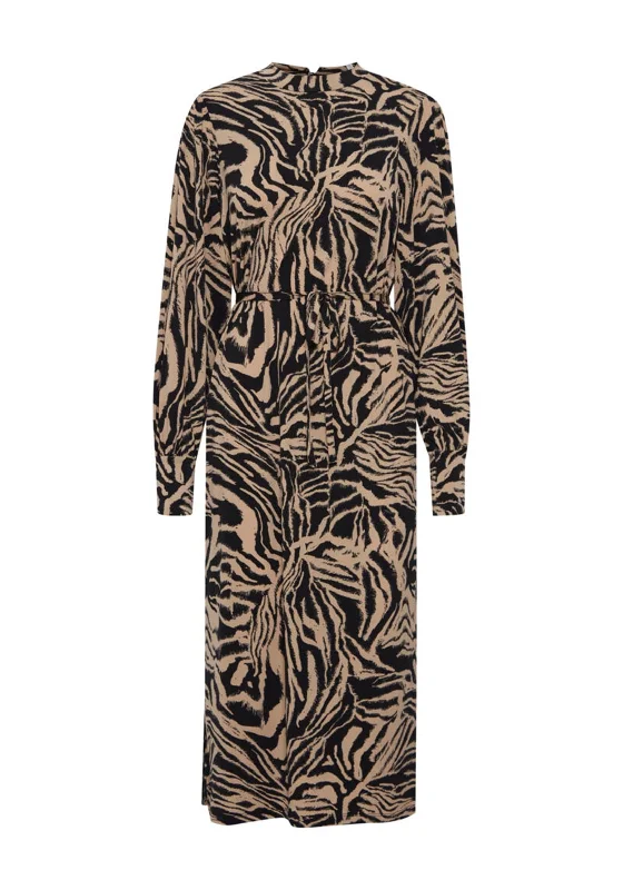 Ichi Animal Print A-Line Midi Dress, Tan & Black Fashionable One-Shoulder Midi Dress