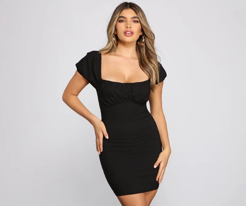 Iconic Glam Puff Sleeve Mini Dress Comfortable Zip-Up Mini Dress