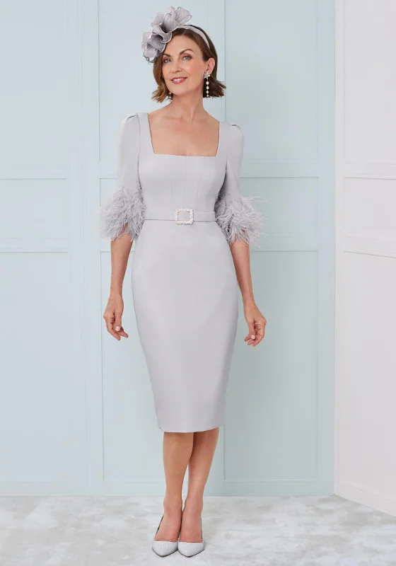 John Charles Feather Cuff Belted Midi Dress, Silver Stylish Midi Dress with Cuffs