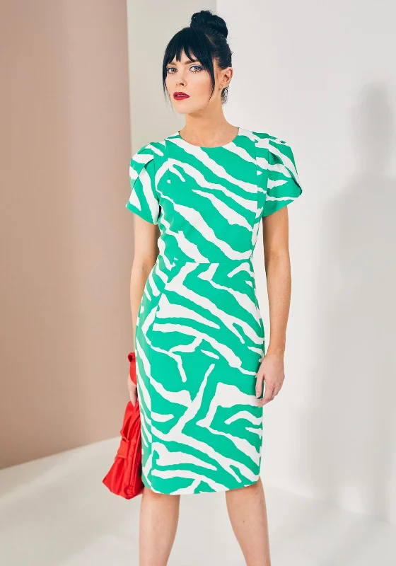 Kate Cooper Animal Print Midi Dress, Green & White Trendy Off-Shoulder Ruffle Midi Dress