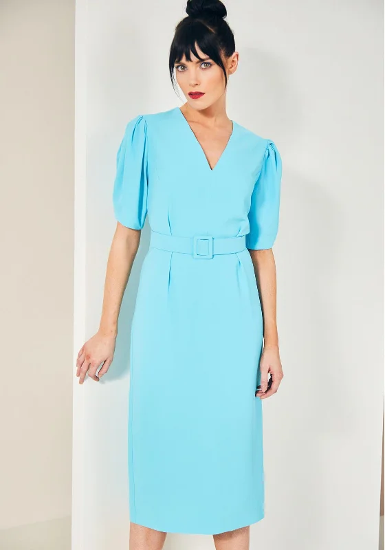 Kate Cooper Belted Straight Midi Dress, Aqua Comfortable Geometric Print Midi Dress