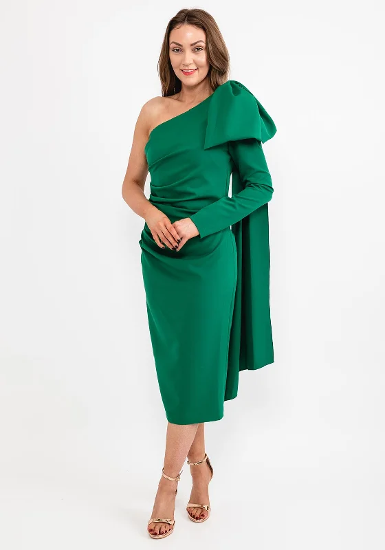 Kevan Jon Krystle One Sleeve Midi Dress, Green Fashionable Off-Shoulder Dress Midi