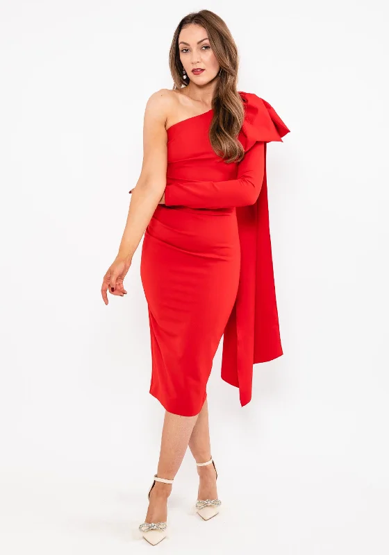 Kevan Jon Krystle One Sleeve Midi Dress, Red Stylish Button-Up Midi Dress