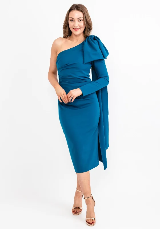 Kevan Jon Krystle One Sleeve Midi Dress, Teal Stylish Silk Midi Dress