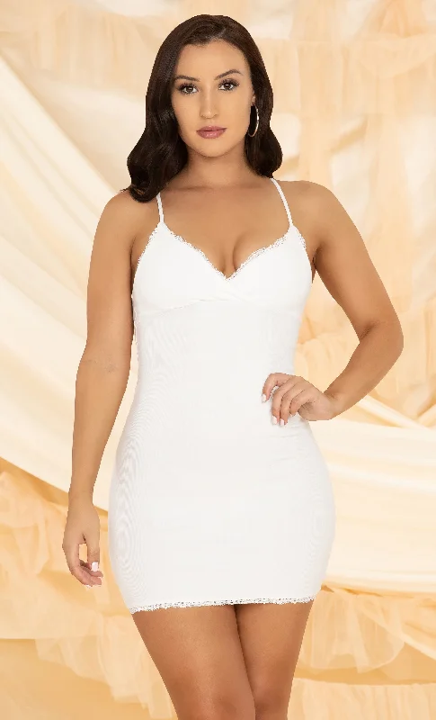 Last To Leave White Ribbed Lace Trim Sleeveless Spaghetti Strap Cross Wrap V Neck Casual Bodycon Mini Dress Comfortable Casual Mini Dress