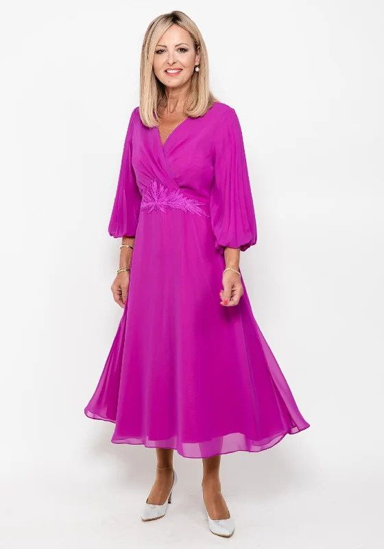 Lizabella Pleated Sleeve Chiffon Midi Dress, Fuchsia Fashionable Pleated Midi Dress