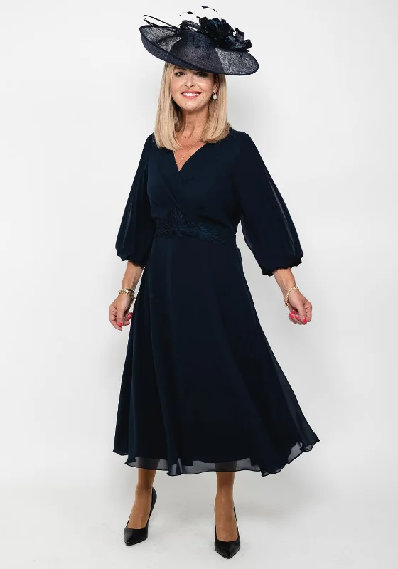 Lizabella Pleated Sleeve Chiffon Midi Dress, Navy Stylish High-Waisted Midi Dress