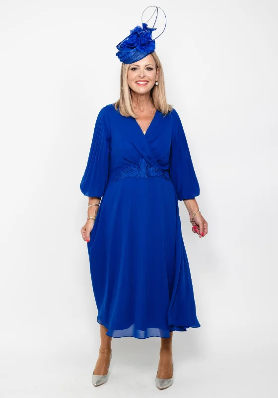 Lizabella Pleated Sleeve Chiffon Midi Dress, Royal Blue Fashionable Chiffon Midi Dress