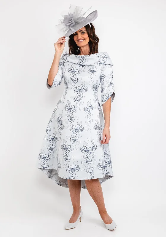 Lizabella Floral Embroidered Dip Hem Midi Dress, Navy & Silver Stylish Cold Shoulder Midi Dress