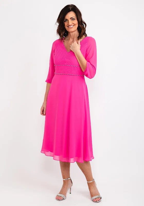 Lizabella Pleated Bodice Chiffon Midi Dress, Hot Pink Stylish Striped Midi Dress