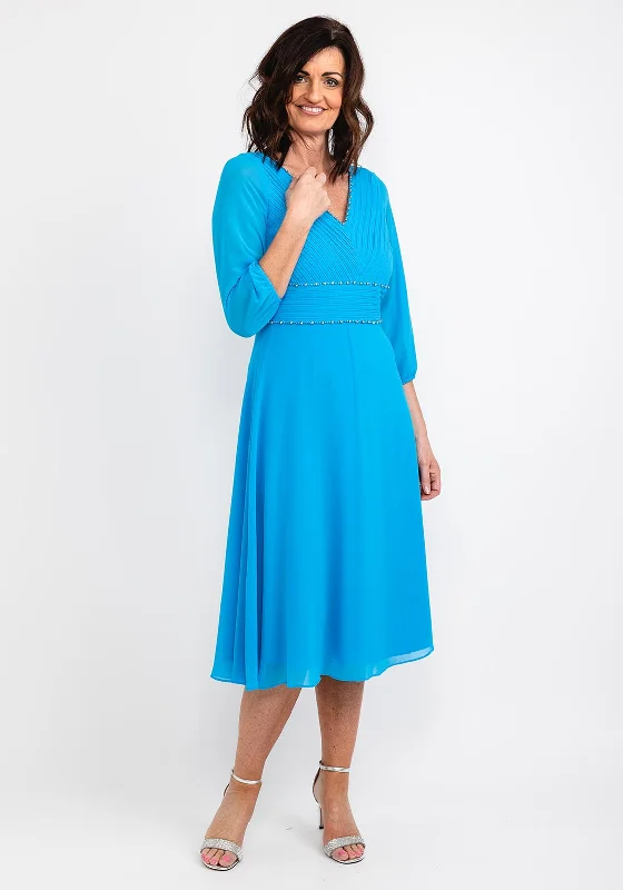 Lizabella Pleated Bodice Chiffon Midi Dress, Ocean Blue Cozy Spaghetti Strap Midi Dress