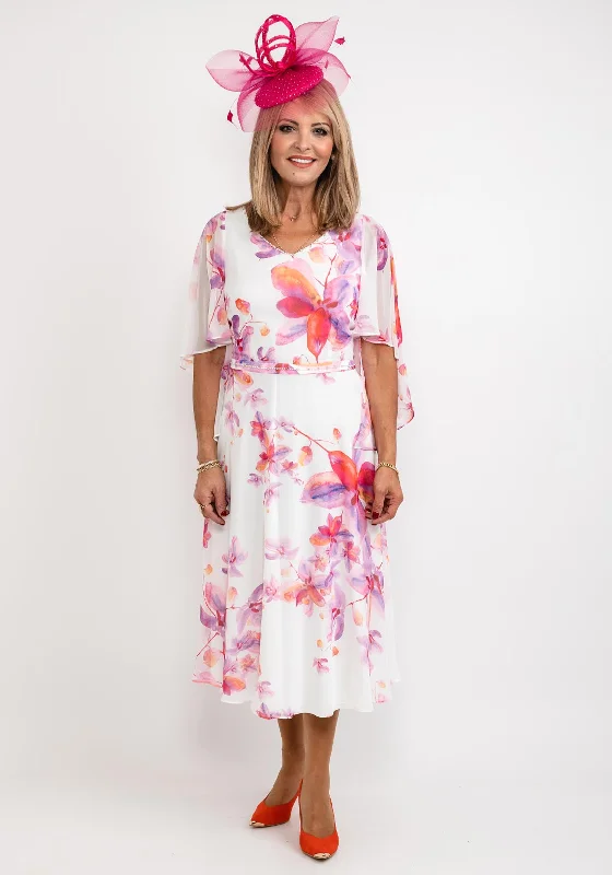 Lizabella Floral Chiffon Midi Dress, Pink & White Elegant Floral Skirt Midi Dress