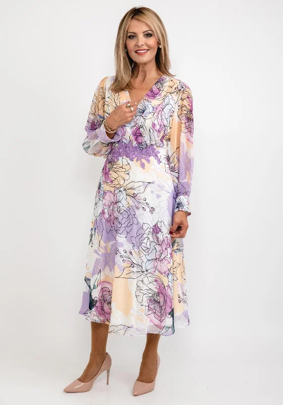 Lizabella Floral Chiffon Midi Dress, Lilac Multi Stylish Off-Shoulder Ruffle Dress