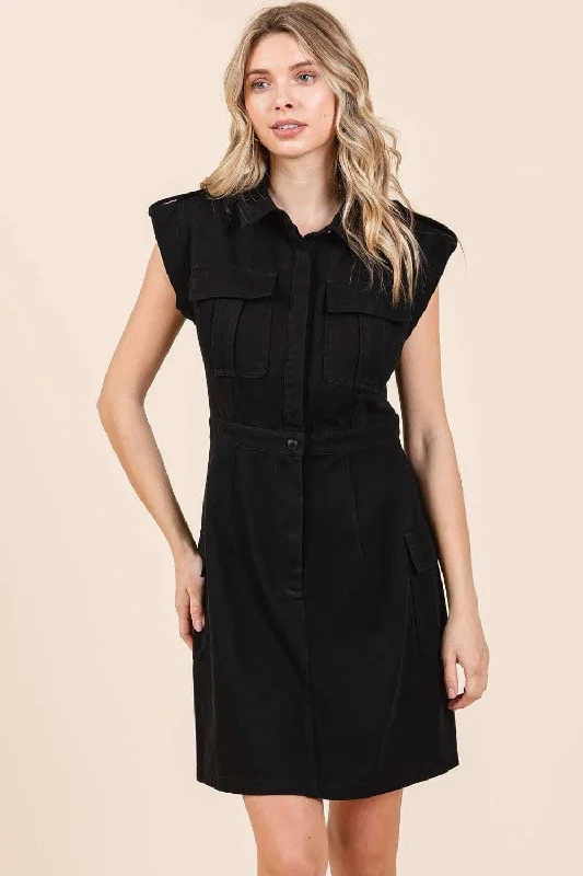 Mittoshop Cargo Pocket Half Button Mini Dress Trendy A-Line Mini Dress