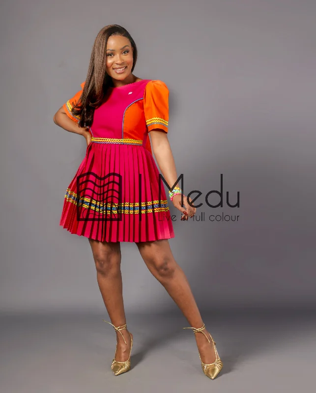 Mmashela Giant bow Mini Dress in Pink & Orange Chic Pleated Mini Dress