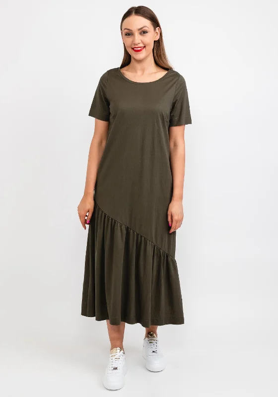 Naya Smock Midi Dress, Khaki Elegant Pleated Sleeve Midi Dress