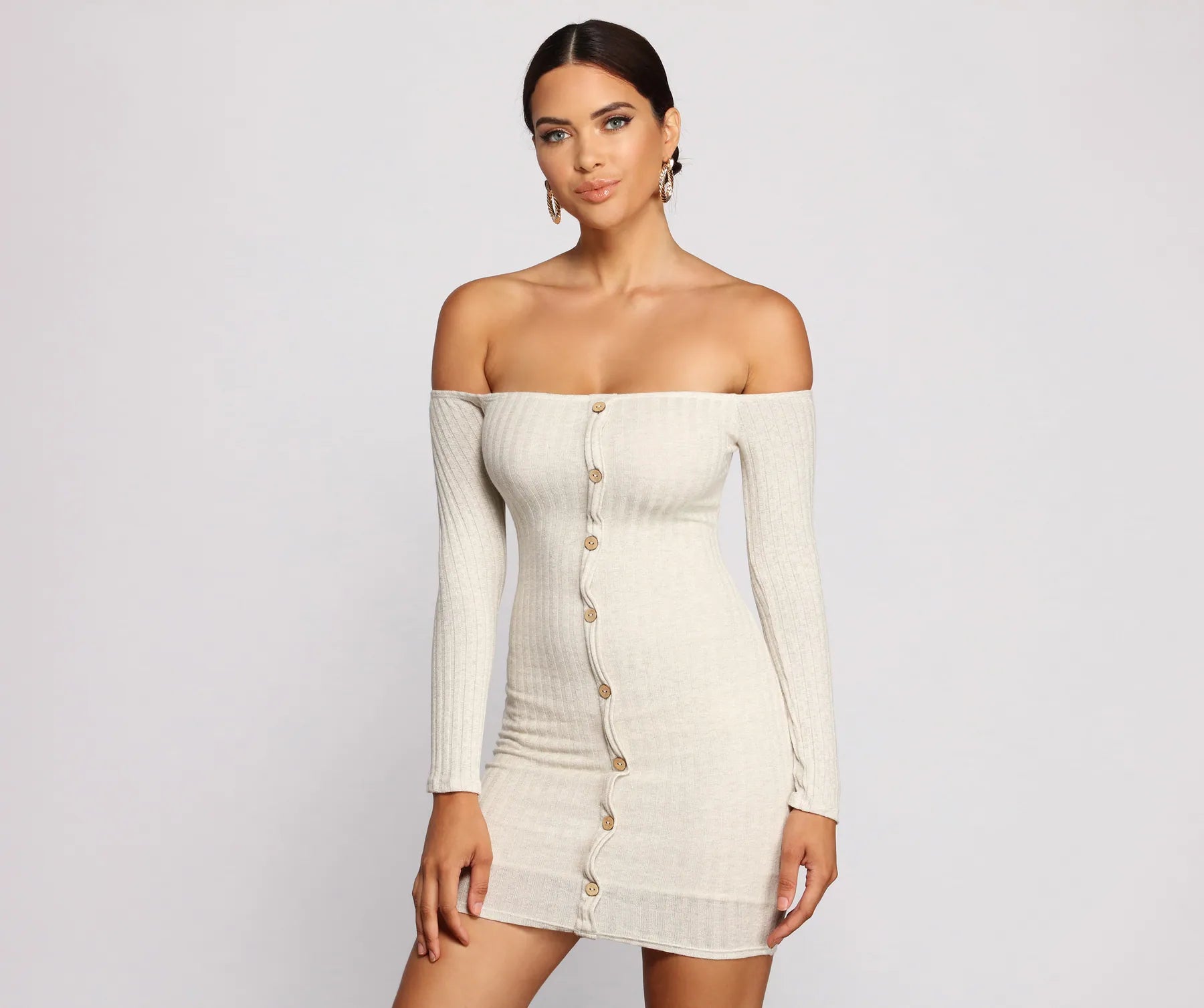 Off The Shoulder Button Down Mini Dress Chic Puff Sleeve Mini Dress