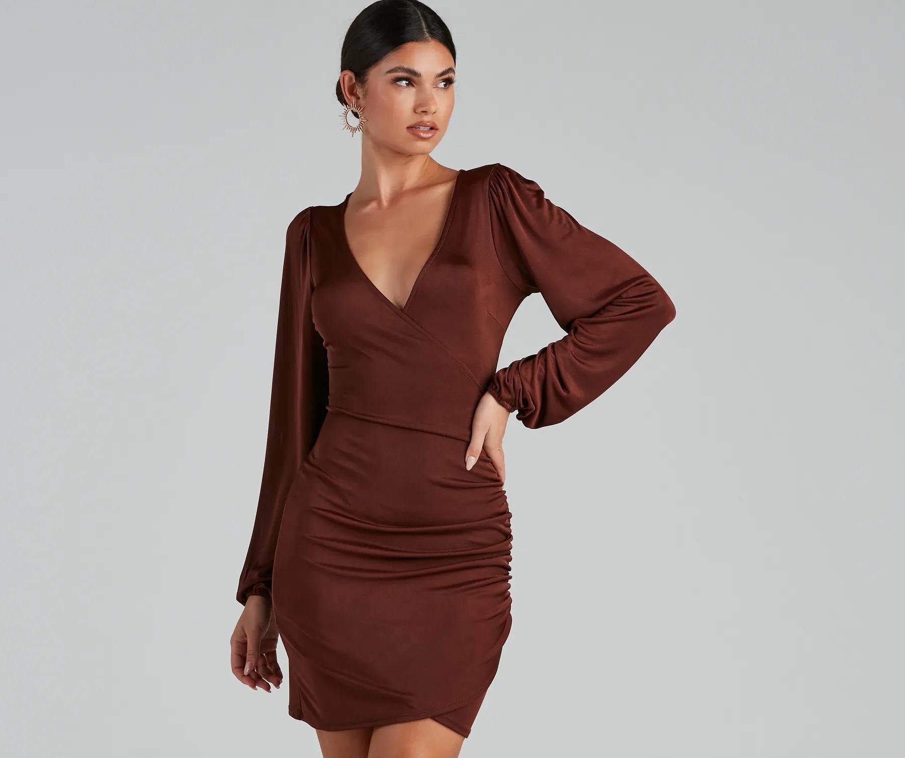 Out For The Night Plunge Wrap Mini Dress Cozy Sweater Mini Dress