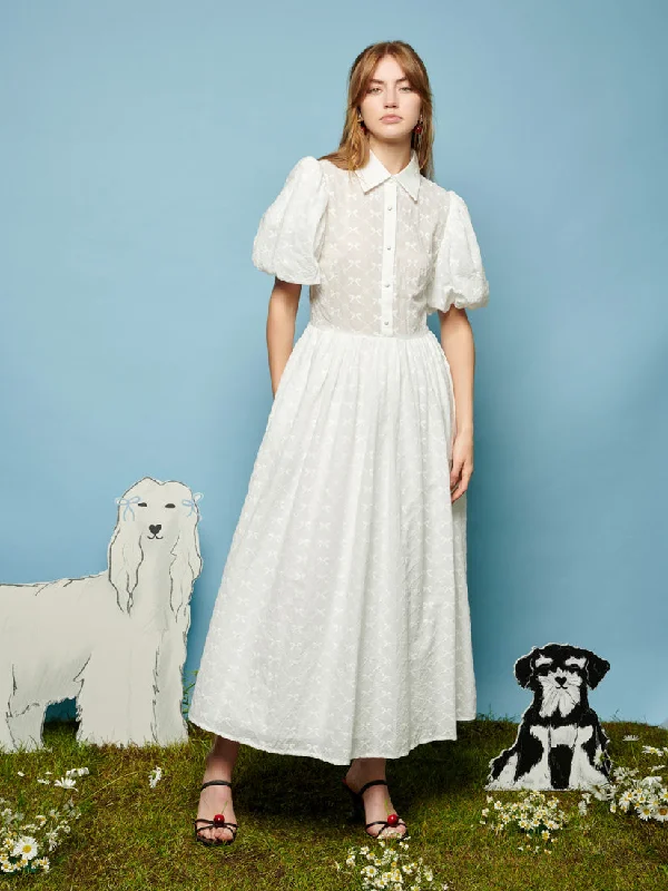 Poodle Bow Embroidered Midi Dress Cozy Midi Dress with Pockets