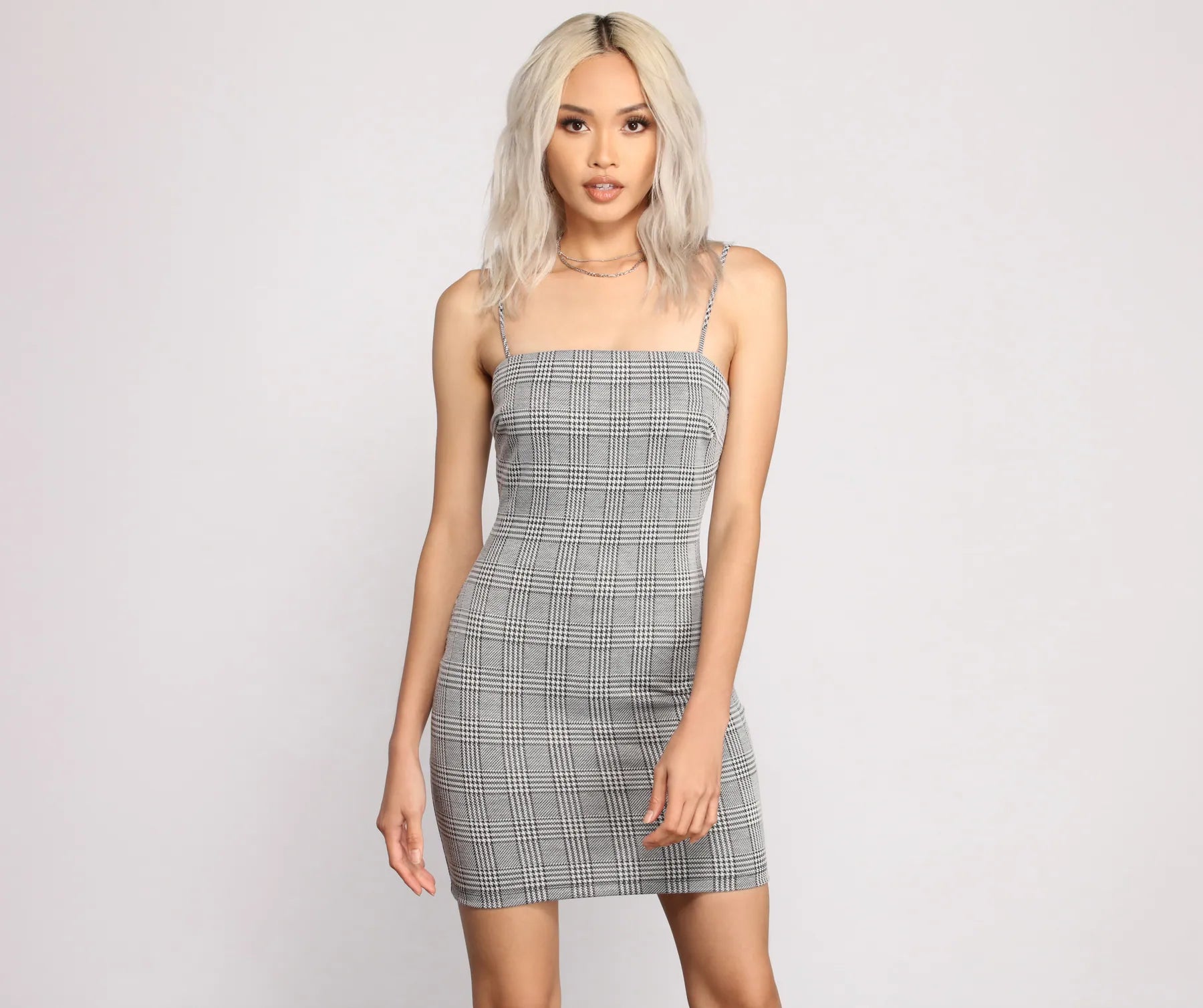 Pretty In Plaid Knit Mini Dress Casual V-Neck Mini Dress