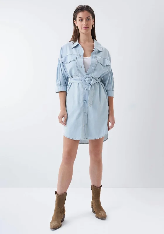 Salsa Belted Denim Shirt Mini Dress, Light Blue Fashionable Button-Front Mini Dress