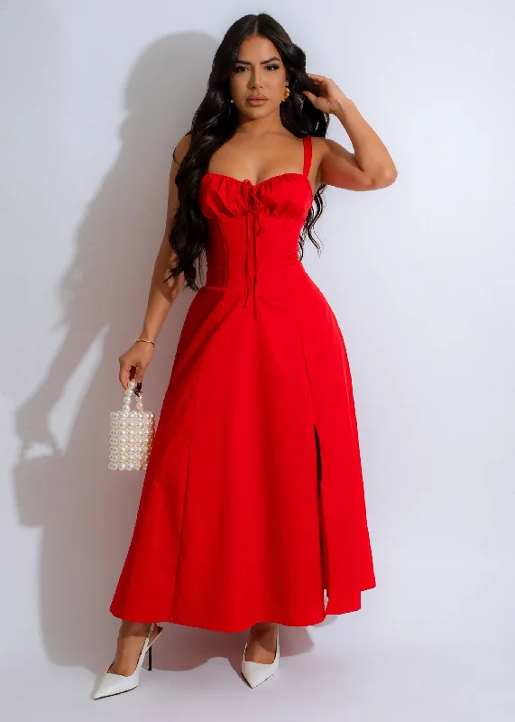 Scarlet Corset Midi Dress Red Trendy Square Neck Midi Dress