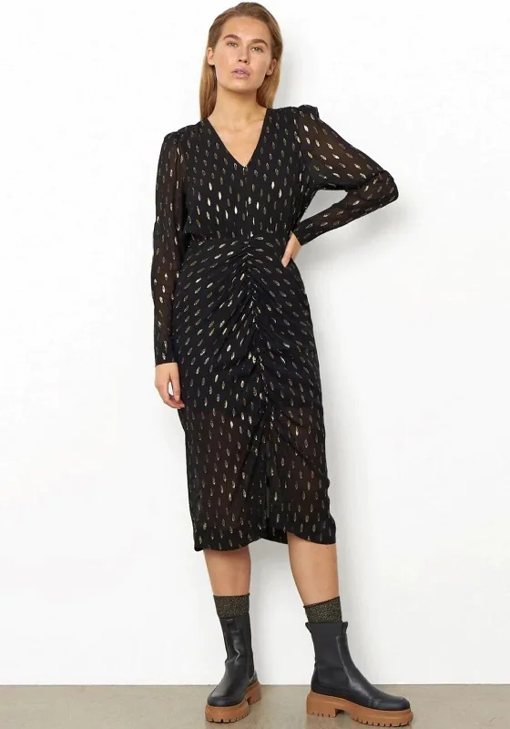 Second Female Chavella Midi Dress, Black Elegant Puff Sleeve Midi Dress