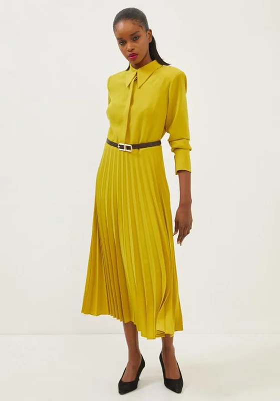 Setre Pleated Skirt Midi Dress, Chartreuse Trendy Ruffle Hem Midi Dress