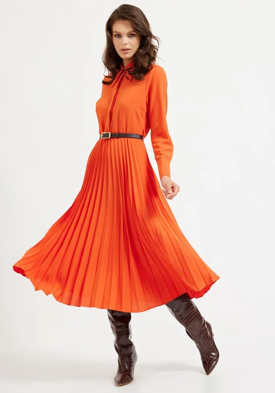 Setre Pleated Skirt Midi Dress, Orange Comfortable Wrap Midi Dress