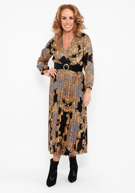 Seventy1 Ornate Print Pleat Midi Dress, Black Fashionable Casual Midi Dress