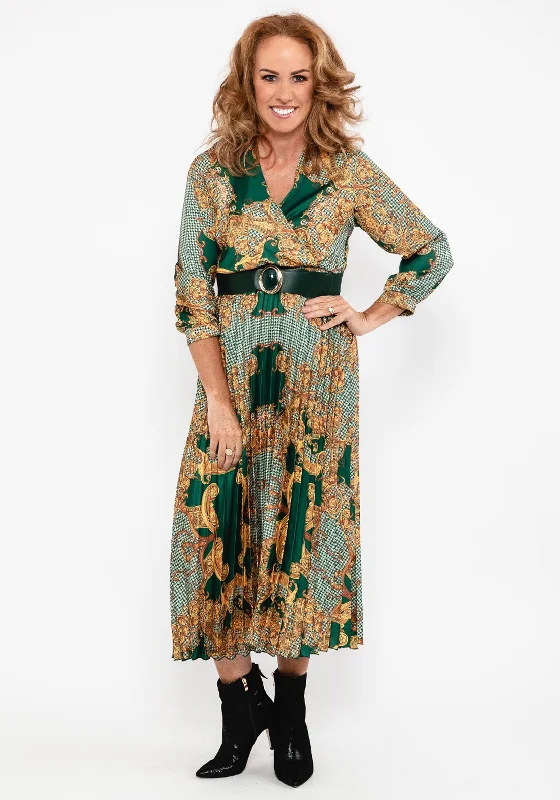 Seventy1 Ornate Print Pleat Midi Dress, Green Trendy Mock Neck Midi Dress