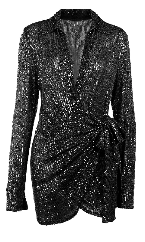 Shimmer Baby <br><span> Black Sequin Long Sleeve Collar Plunge V Neck Faux Wrap Tie Waist Mini Dress</span> Elegant Satin Mini Dress