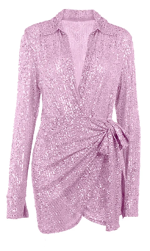 Shimmer Baby <br><span>Pink Sequin Long Sleeve Collar Plunge V Neck Faux Wrap Tie Waist Mini Dress</span> Cozy Sweater Mini Dress