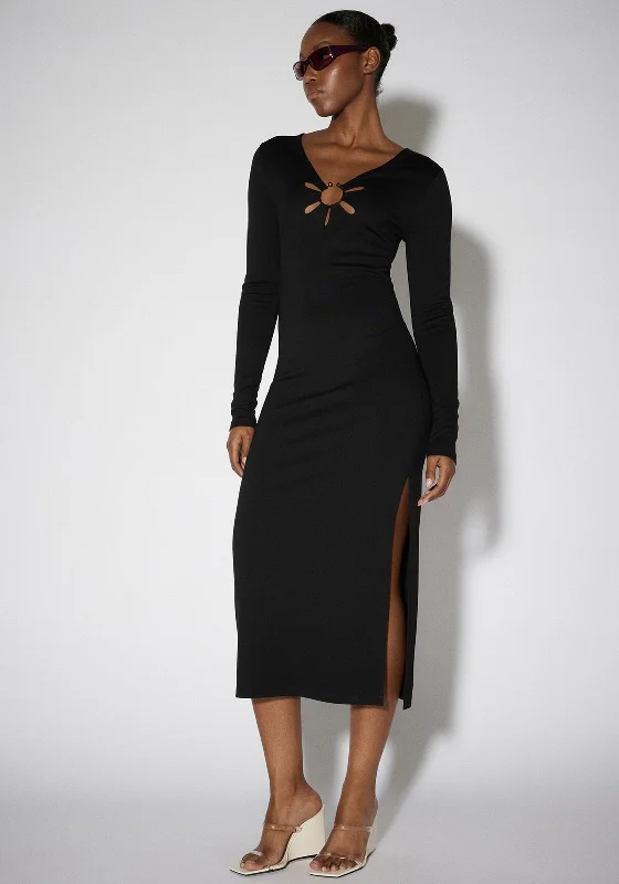 SOMETHINGNEW Claudette Midi Dress, Black Fashionable Off-Shoulder Dress Midi