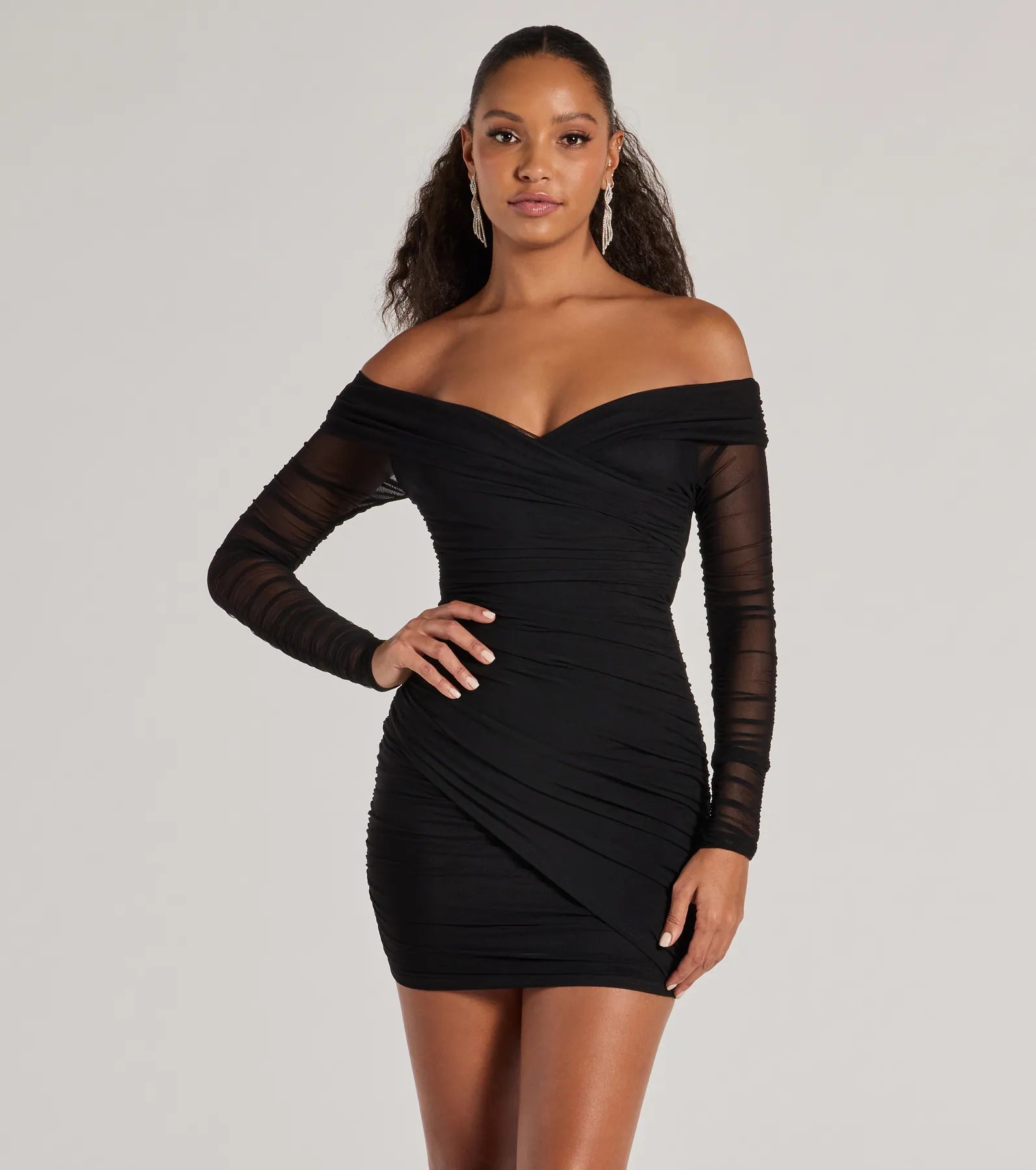 Sultry Looks Mesh Off-The-Shoulder Bodycon Mini Dress Classic Black Mini Dress