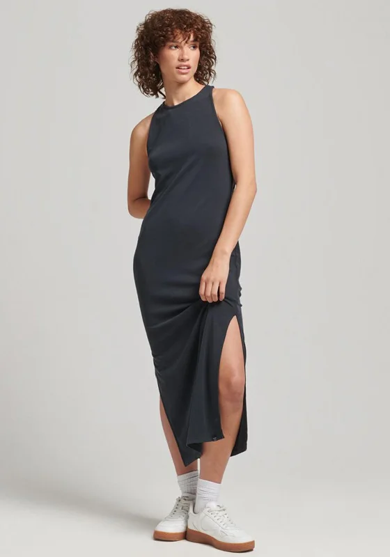 Superdry Studios Column Midi Dress, Black Fashionable Skater Midi Dress