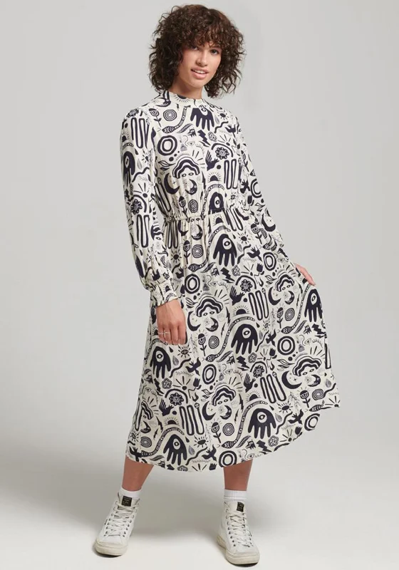 Superdry Womens Vintage Graphic Midi Dress, Cream & Navy Trendy Flared Sleeve Midi Dress