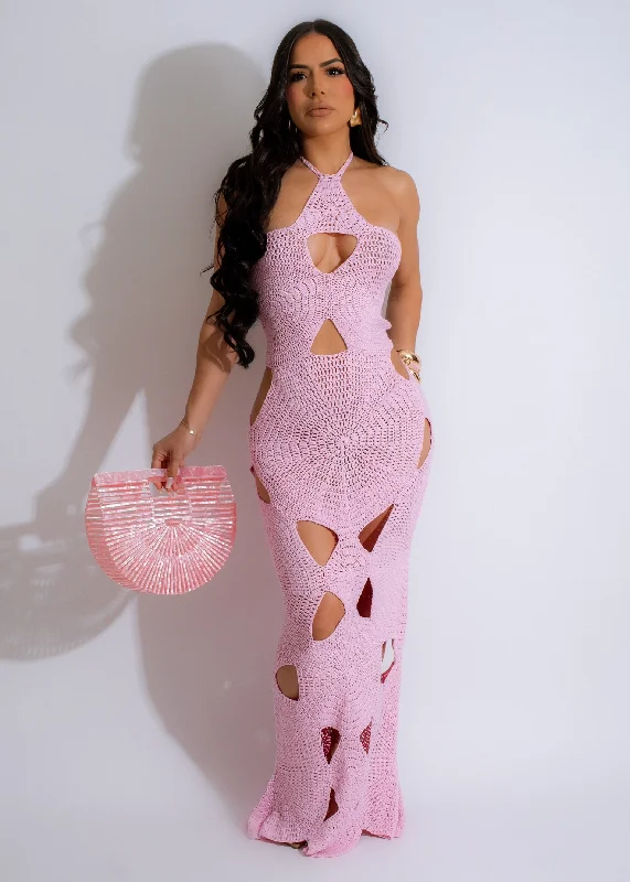 Sweet Summer Crochet Midi Dress Pink Trendy Smocked Detail Midi Dress