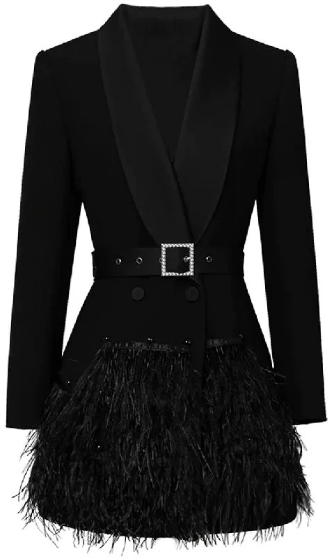 That's Right Black Long Sleeve Cross Wrap V Neck Lapels Belted Feather Skirt Flare A Line Mini Dress Stylish Sweetheart Mini Dress