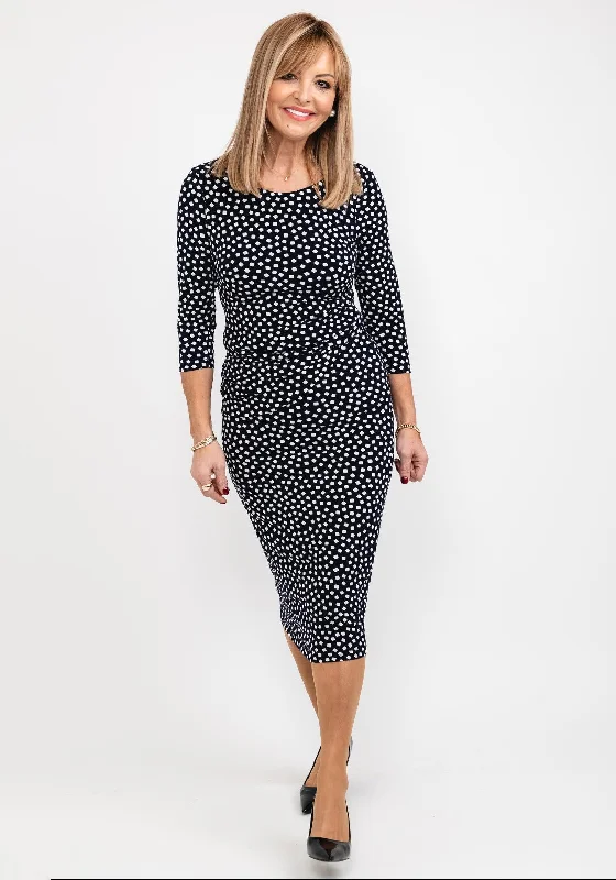 Tia Square Print Midi Dress, Navy Stylish High-Waisted Midi Dress