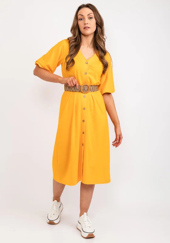 Tiffosi Selva Belted Midi Dress, Gold Stylish Off-Shoulder Ruffle Dress