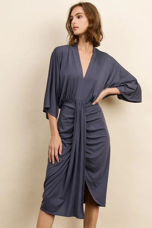 V-Neck Ruched Midi Dress Trendy Boho Midi Dress